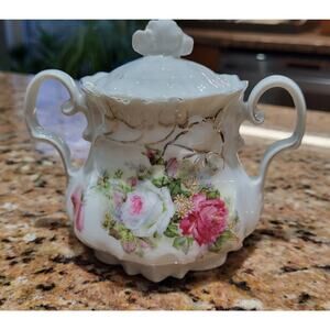 Antique Lehmann Leuchtenburg Germany Sugar Bowl Pink White Roses 2 handle